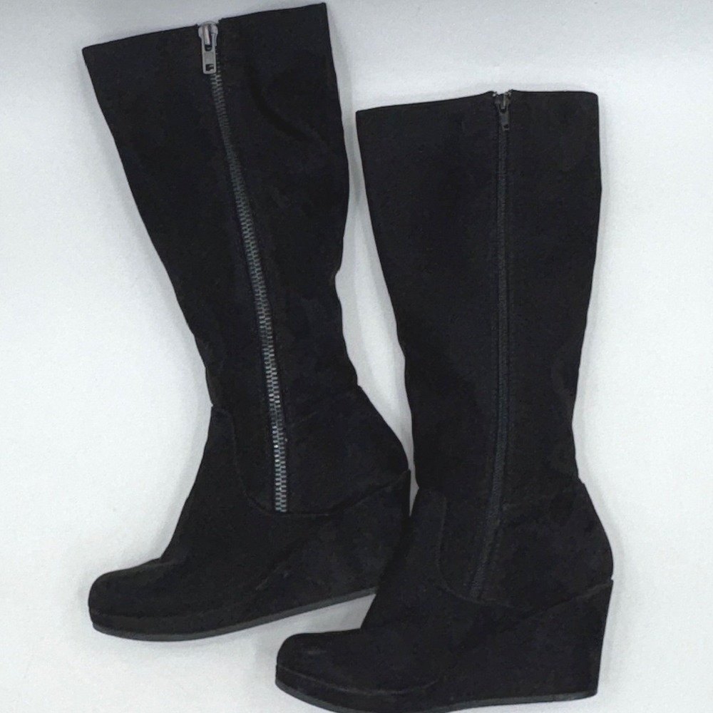 Womens Black Faux Suede Tall Wedge Boots Knee High Side Zipper Round Toe